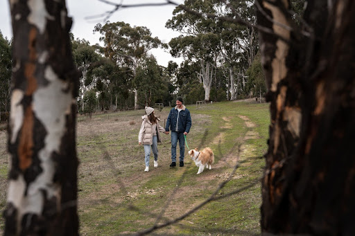 Couple with a dog having a walk amid nature in Hahndorf Adelaide Hills