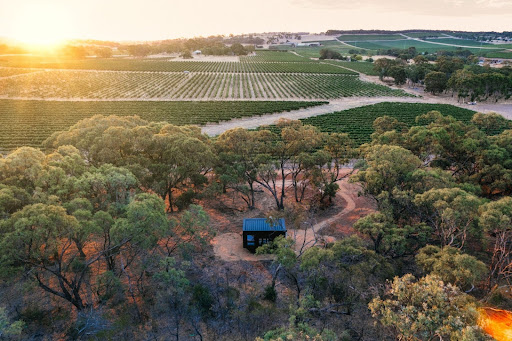 aerial view of an off-grid eco cabin surrounded by trees and vineyards at sunset – a serene escape among top things to do in Barossa Valley