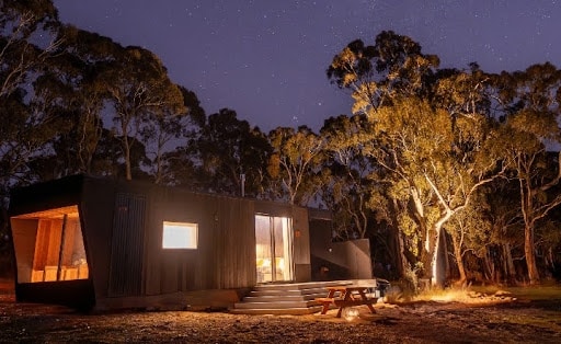 CABN eco-friendly off-grid cabin in Adelaide Hills in Hahndorf South Australia under starry night sky