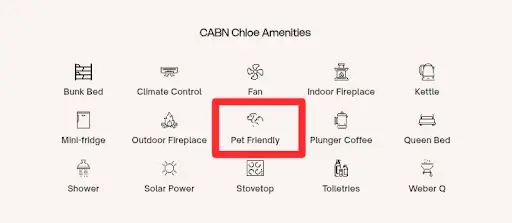 lineup of the amenities on offer at cabn chloe short-term accommodation in sa, including its pet friendliness