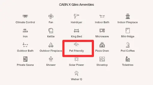 lineup of the amenities on offer at cabn X giles short-term accommodation in sa, including its pet friendliness